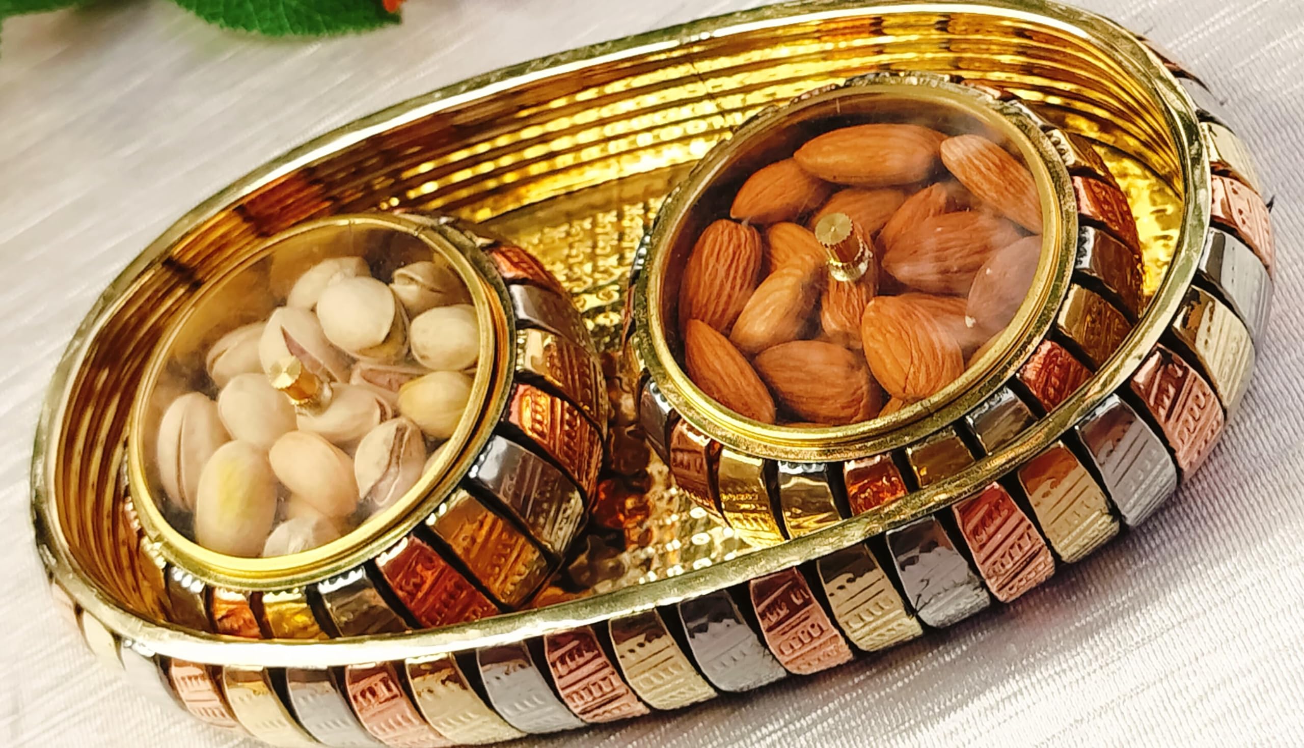 German Silver, Copper and Brass Metal 2 dryfruit jar with Acrylic lid and Tray Set